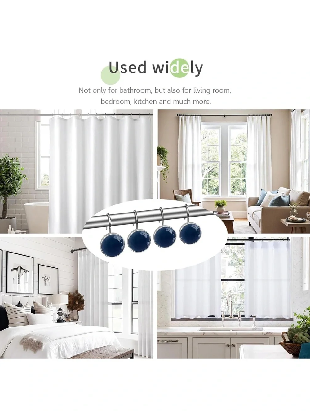 Set of Blue Round Shower Curtain Hooks with Silver Rings
